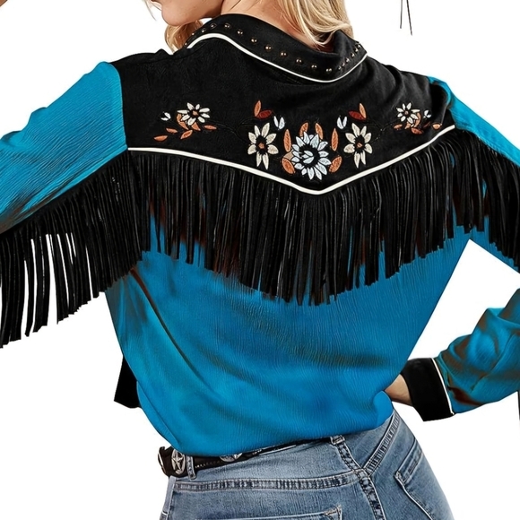 John Moon Texas cowgirl XXL Button down western top with fringe.  Teal/black - Picture 7 of 16